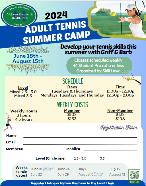 Adult Tennis Summer Camp McLean Racquet & Health Club
